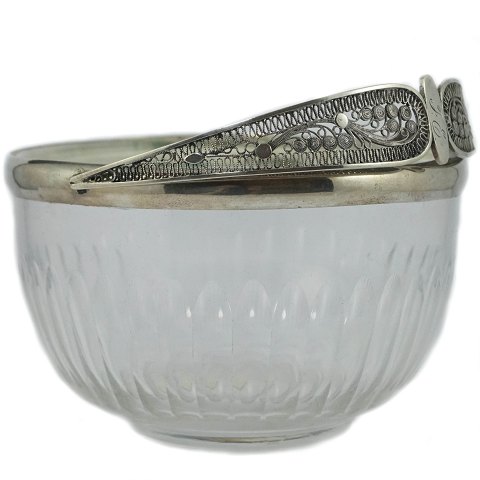 A Danish glass sugar bowl, silver filigree handle, around 1860