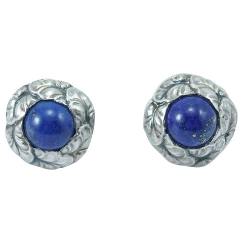 Georg Jensen; Ear ring/ear skrews of sterling silver set with lapis lazuli #74