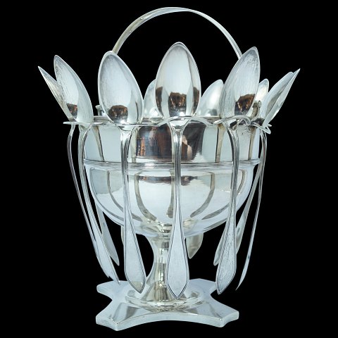 A Danish sugar bowl  of hallmarked silver with 12 tea spoons, 1808
