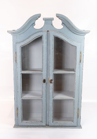 Tall grey painted hanging glass cabinet in gustavian style from around 1820. 
5000m2 showroom.
