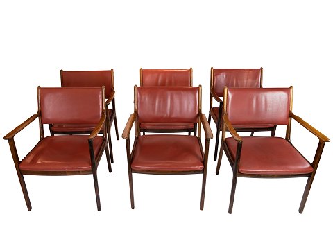 Set of Six Armchairs - Model PJ 412 - Red Brown Leather - Rosewood - Ole 
Wanscher - P. Jeppesen Furniture - 1960