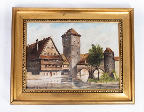 Oil painting with motif and gilded frame, with unknown signature from around 
1910. 
5000m2 showroom.