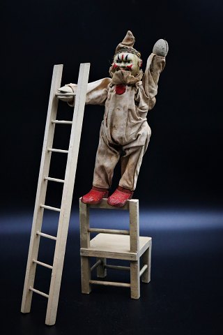 Old French circus toy clown in painted wood with clown clothes in fabric...