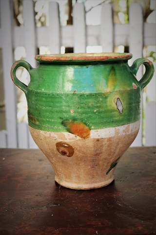 Decorative 1800s clay jug with handle from the South of France with partial 
green glaze...