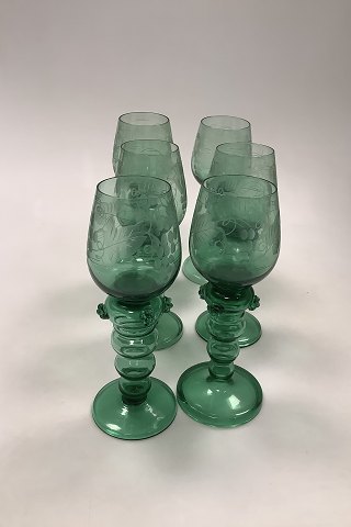 Set of 6 Green Bohemian glas with decor.