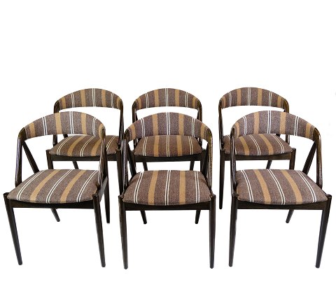 Set Of 6 Dining Chairs - Model 31 - Dark Wood - Upholstered With Striped Fabric 
- Kai Kristiansen - Schou Andersen - 1960s
Great condition
