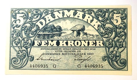 Danmark. Pengeseddel 5 kr. 1940 G. Pæn velholdt pengeseddel.