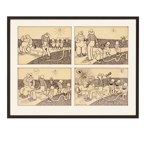 Storm P. Tegning. Robert Storm Petersen, 
1882-1949, blyant og tusch. Fire originaltegninger 
bragt i "Verden og Vi" 1913-16, hvor "De Tre Små 
Mænd" og "Nummermanden" blev introduceret. Hver 
tegning måler ca. 20x27cm. Mål med ramme: 52x65cm