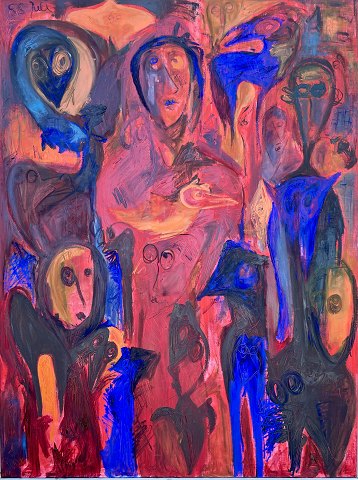 "Moskva" stort flot ekspressivt oliemaleri, i kraftig hvid svæveramme.