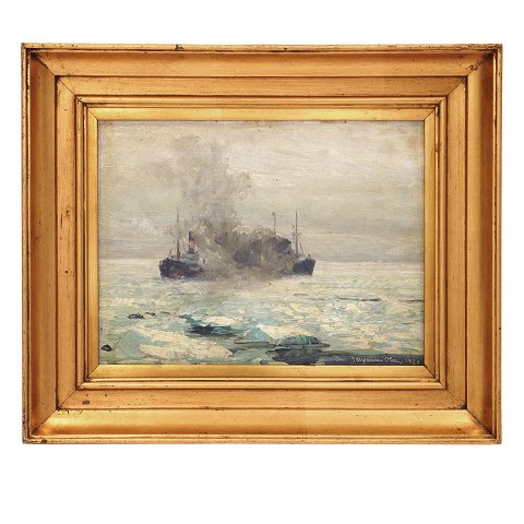 Christian Benjamin Olsen, 1873-1935, olie på træ. Marinebillede med motiv i form af damper i ishav. Signeret og dateret 1924. Lysmål: 19x26cm. Med ramme: 31x37cm