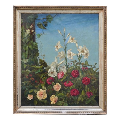 Stort stilleben med blomstermotiv, olie på lærred. Signeret "Alma Even(?) 1881". Lysmål: 82x69cm. Med ramme: 96x83cm
