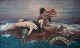 Ubekendt kunstner, efter Böcklin, mytologisk scene med havmand, nøgen kvinde og 
havvæsen. Olie på lærred.