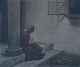 Peter Ilsted 1863-1933. Eksteriør med siddende pige på trappe. 
