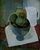 Oil on board. Mid 20 c., stillleben with fruits in bowl and jug.
