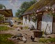 Oil on canvas, Roald Hansen (born 1938) Idyllic exterior with thatched house.