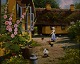 Oil on canvas, Roald Hansen (born 1938) Idyllic exterior with thatched house.
