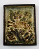 Royal Copenhagen stoneware relief with leaping deer and aggressive snake.
Designed by Knud Kyhn.