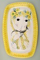 Bjørn Wiinblad: Rare and early unique large oblong yellow platter decorated with 
a woman with flowers in her hair, Bjørn Wiinblad 1950.