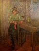Fritz von Uhde (1848-1911) stil ca. 1900: Interiør med en strikkende pige. 
Olie på lærred.