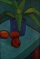 Inger Hofmeister, listed Danish artist, 1979 oil on board, still life with plant 
and fruits.