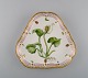 Royal Copenhagen Flora Danica" triangular porcelain dish decorated in colours 
and gold with flower. 
Royal Copenhagen 20/3508.