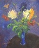 Ubekendt kunstner. Olie på lærred. Blomsterbuket på bord malet i modernistisk 
stil. Koloristisk palet. Ca. 1950.