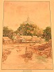 Thai artist. Watercolor on paper. Phu Khao Thong / Temple of the holy mount. 
Early 20th century.