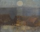 Per Damm (f.1929), dansk maler. Modernistisk landskab med huse og hav. Dateret 
1962.