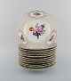 12 antikke Meissen gennembrudte tallerkener i håndmalet porcelæn med blomster og 
gulddekoration. Ca. 1900.
