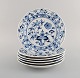 Six antique Meissen "Blue Onion" lunch plates in hand-painted porcelain. Early 
20th century.
