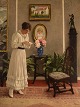 Paul Gustav Fischer (1860-1934), Denmark. Oil on canvas. "The letter". Classic 
Fischer motif with young woman in white dress reading a letter, standing in a 
nice living room. Early 20th century.
