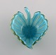 Barovier and Toso, Venice. Leaf-shaped bowl in turquoise mouth-blown art glass. 
Italian design, 1960s.
