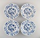 Fire antikke Meissen Løgmønstret dybe tallerkener i håndmalet porcelæn. Tidligt 
1900-tallet.
