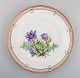 Bing & Grøndahl tallerken i håndmalet porcelæn med blomster og gulddekoration. 
Flora Danica stil, 1920/30