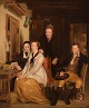 Britisk genremaler. Olie på plade. Stueinteriør med personer. 1800-tallet.
