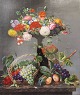 Emma Mulvad; Oliemaleri, opstilling med blomster og frugt