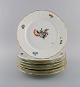 Royal Copenhagen Saxon Flower. Seven dinner plates in hand-painted porcelain 
with flowers and gold decoration. Model number 493/710. Early 20th century.
