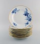 11 antikke Meissen middagstallerkener i håndmalet porcelæn. Blå blomster og 
guldkant. Tidligt 1900-tallet.
