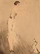 Louis Icart (1888-1950). Rare etching on paper. Woman and dog. 1930s.
