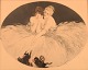 Louis Icart (1888-1950). Radering på papir. To unge kvinder leger med killinger. 
1930