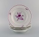 Fem sjældne Meissen dybe tallerkener i håndmalet porcelæn med lilla blomster. 
Tidligt 1900-tallet.
