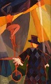 Jerry Roupe (1919-2005), listed Swedish artist. Oil on board. Cubist circus 
motif. Clown and line dancer. Dated 1951.
