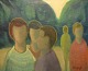 Knud Horup (1926-1973), listed Danish artist. Large painting. Oil on canvas. 
Modernist park motif with people. Mid 20th century.
