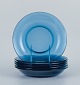 Vereco, France, a set of six deep plates in blue art glass.