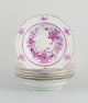Herend, Indian Basket Raspberry, Hungary, a set of six large deep plates. Hand 
painted in purple with gold decoration.