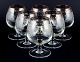 Murano, Italy, six mouth-blown and engraved brandy glasses with silver rim.