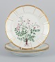 Bing and Grøndahl, three porcelain plates in Flora Danica style with gold 
decoration.