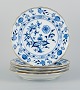 Meissen, Germany, five hand painted Blue Onion pattern dinner plates with gold 
trim.