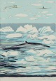 Aka Høegh, Grønlandsk kunstmaler. Farvelitografi på papir.
Grønlandsk havmotiv med hval, isflager, kajakker etc.