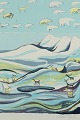 Aka Høegh, Grønlandsk kunstmaler. Farvelitografi på papir.
Grønlandsk fjeldlandskab med rensdyr, isbjørne mm.